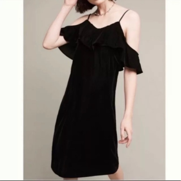 Anthropologie Velvet Midi Dress Size Large Cold Shoulder Women's Color Black - Picture 1 of 15